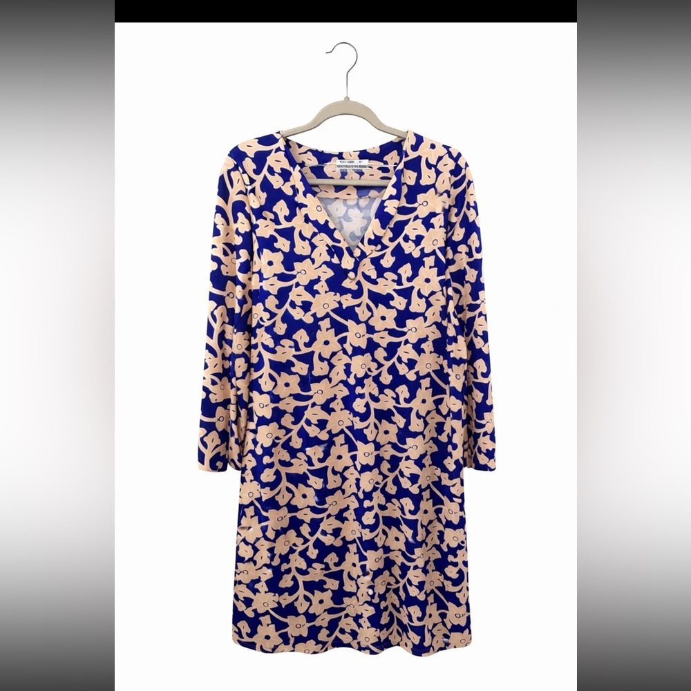 Diane von Furstenberg Blue Floral Silk Dress V-Neck Long Sleeve Size 8